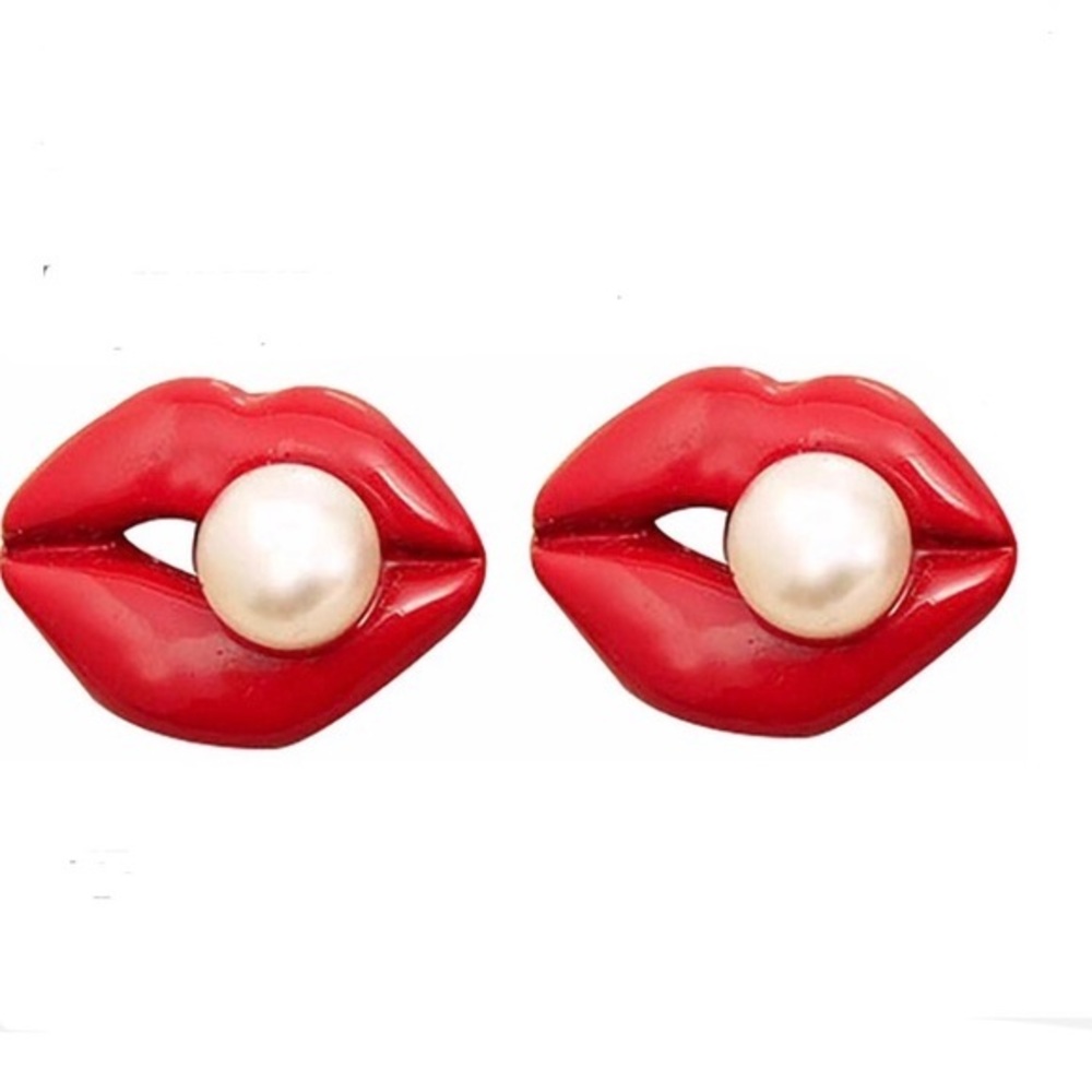 Women's Faux Pearl Red Lip Ear Stud Earrings, NWT